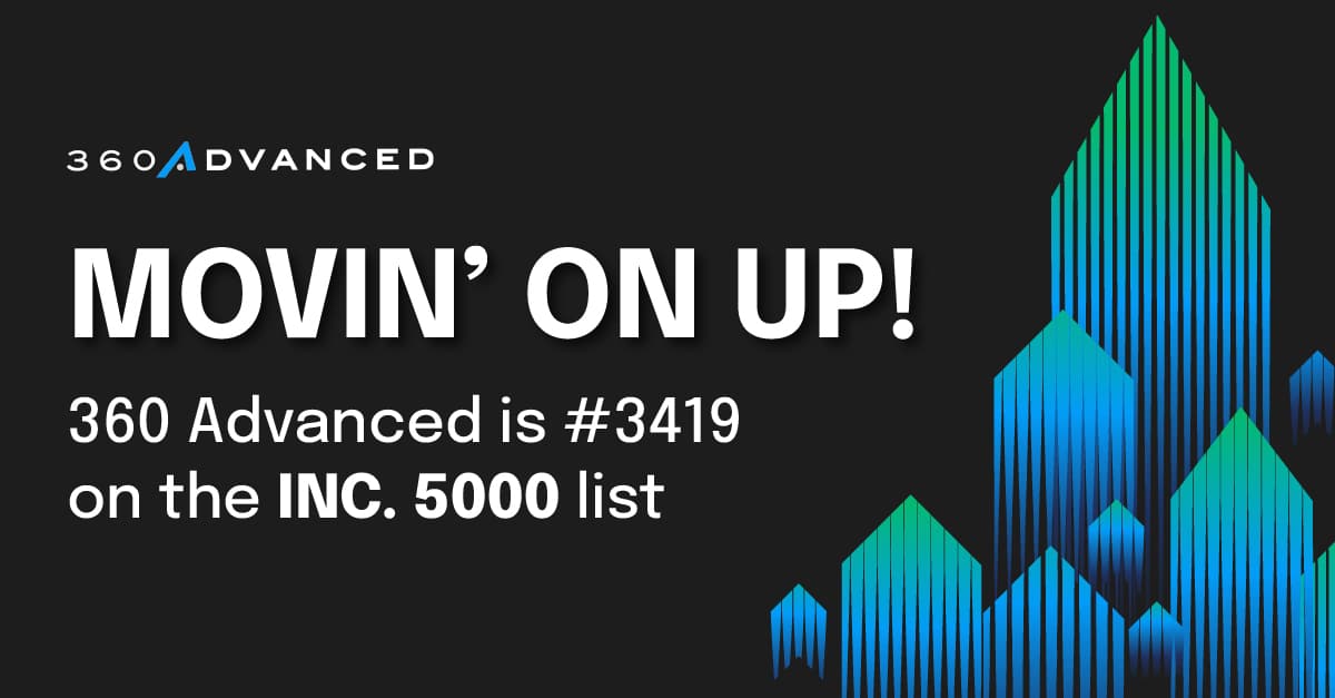 graphic with arrows in background announcing 360 Advanced's appearance on INC 5000's annual list