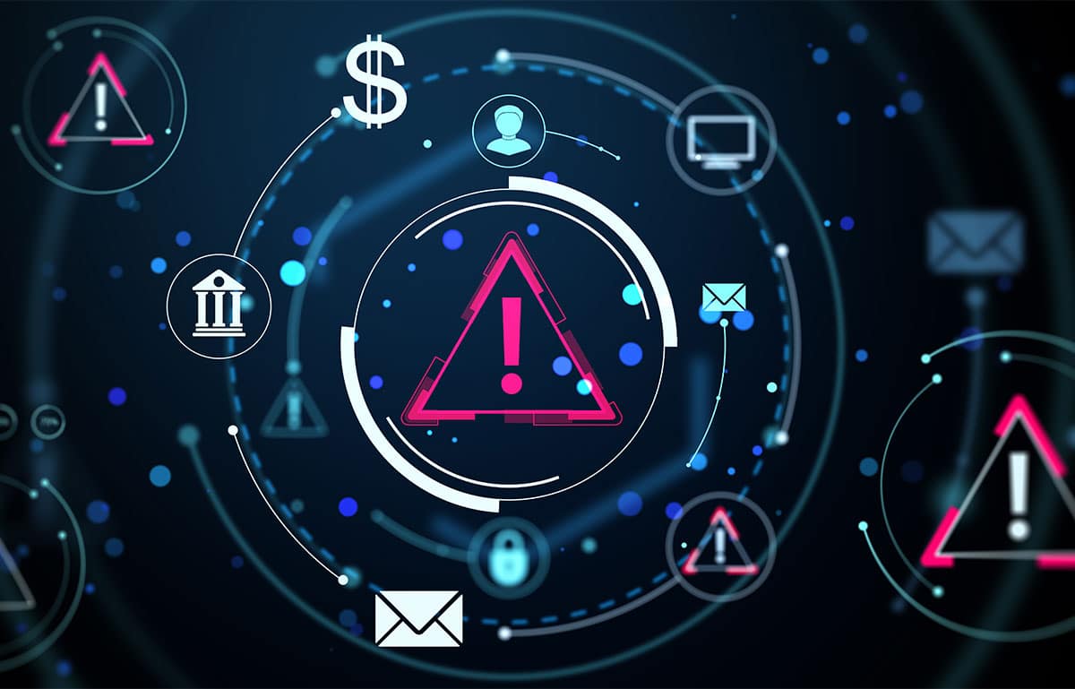 Cybersecurity alert concept with exclamation warning symbols and digital icons on a glowing dark background representing online threats. 3D Rendering stock photo