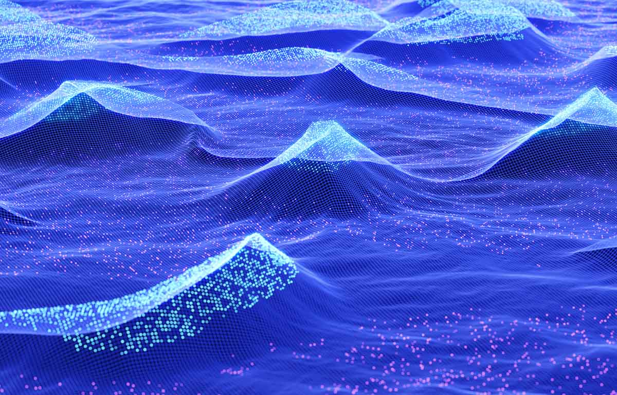 abstract data shown in wave crests in shades of teal, blue, and violet
