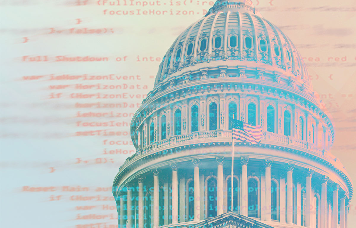 duotone image of the capital building in teal, pink, and cream, with blurred code snippets in the background implying ransomware.