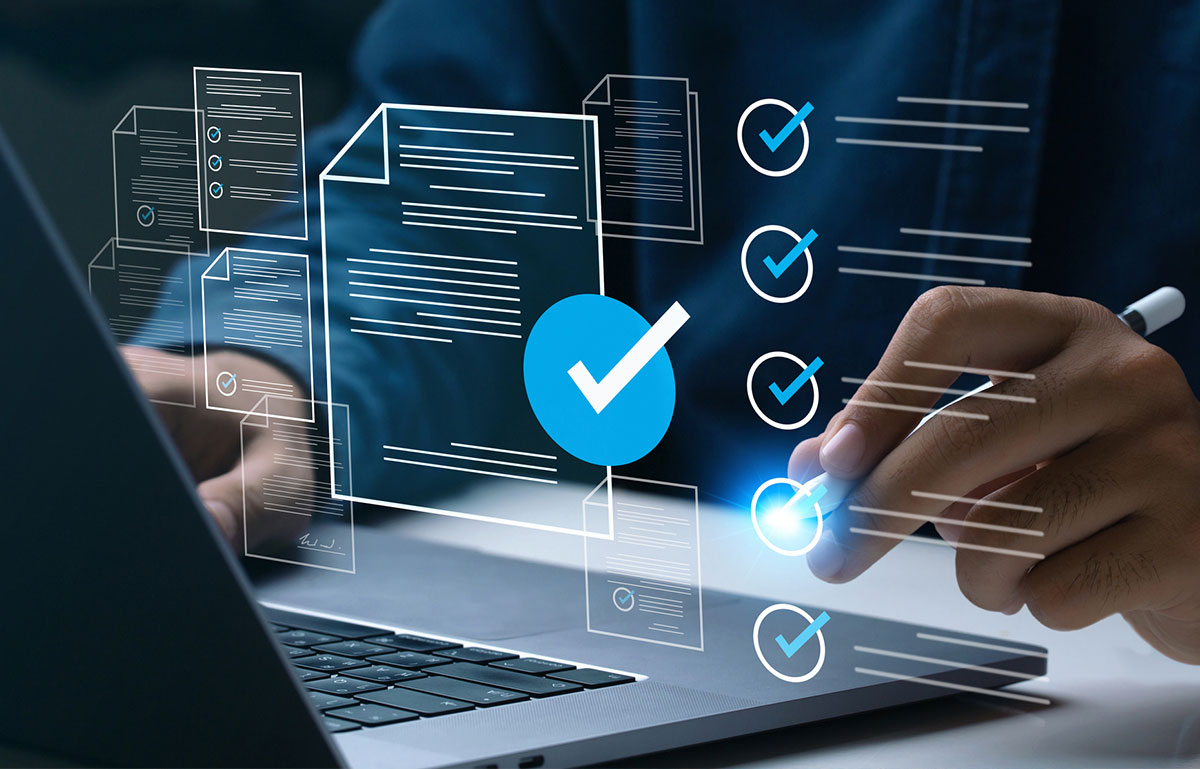 Businessman using laptop with a graphic overlay implying business performance and evaluation