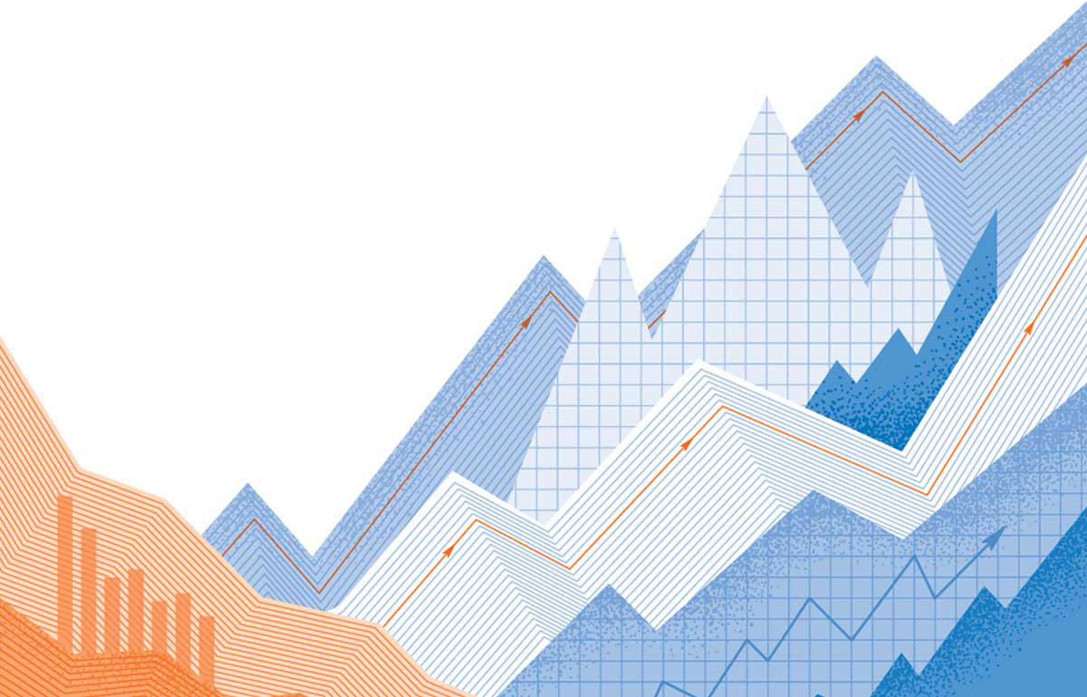 Abstract financial charts, blue and orange graphs, stock illustration