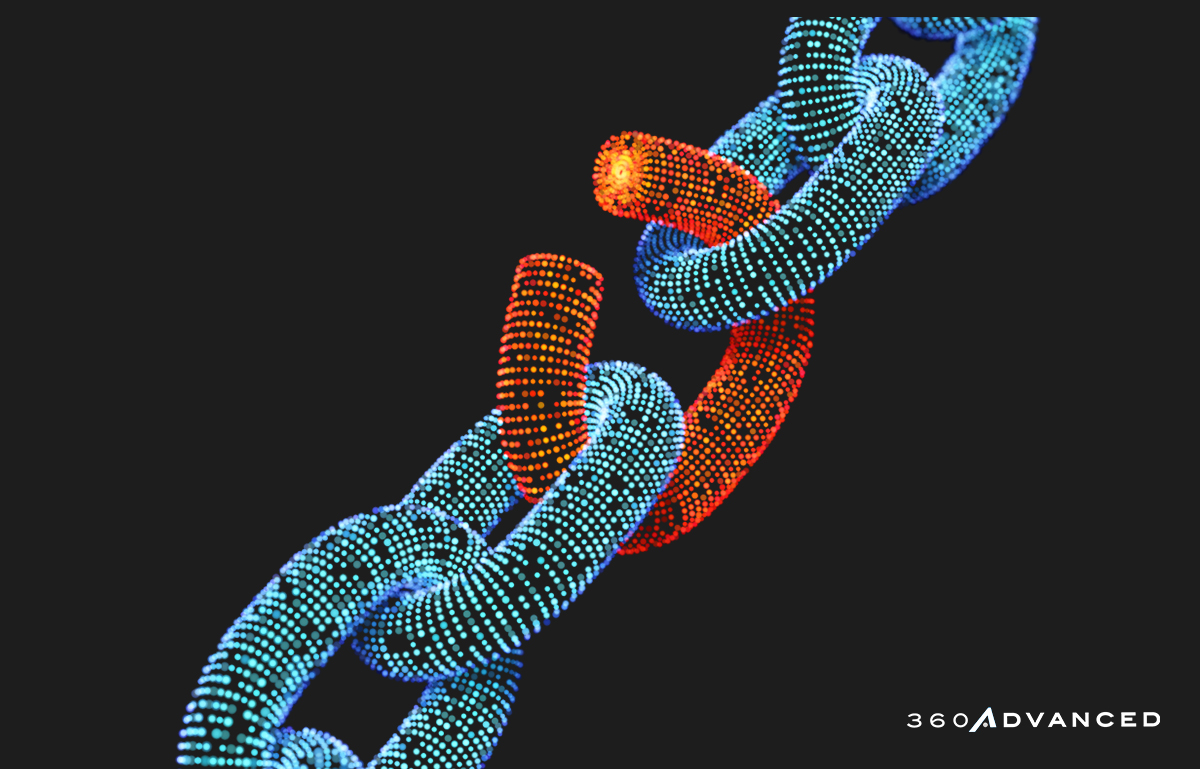 Broken chain link. The concept of data protection technology: a weak link in the system of digital data transfer.