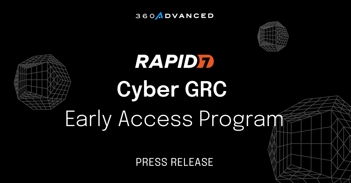 Press release for Rapid7 Cyber GRC Early Access Program on a black background with wireframe cubes in white typography