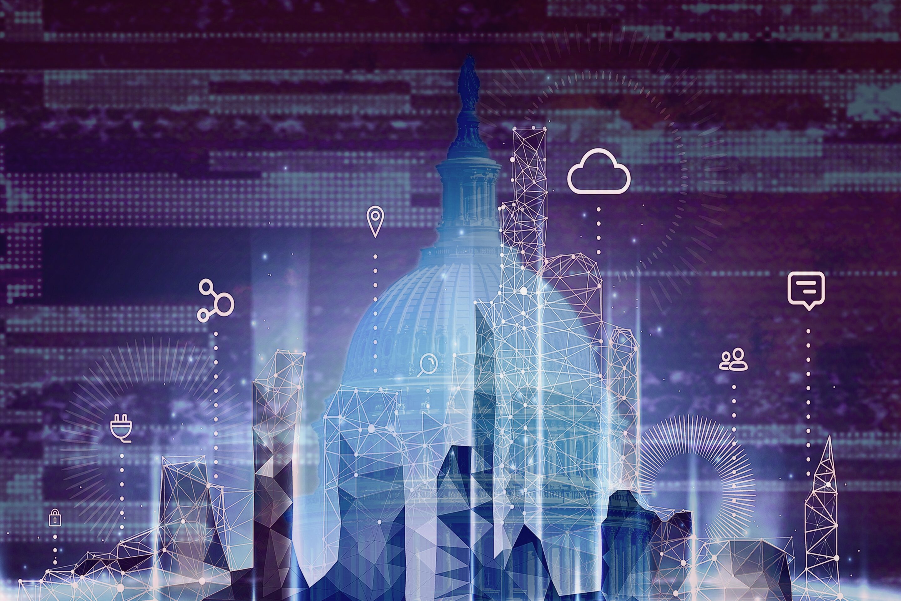 Abstract digital cityscape with interconnected network lines and icons, symbolizing technology and connectivity.