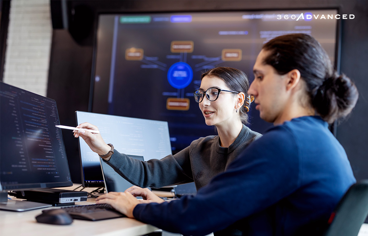 Cybersecurity team sitting at a desk reviewing processes on computers