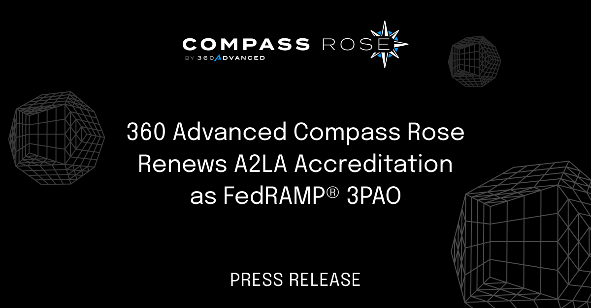 Graphic Announcing 360 Advanced Compass Rose Renews A2LA Accreditation as FedRAMP® 3PAO